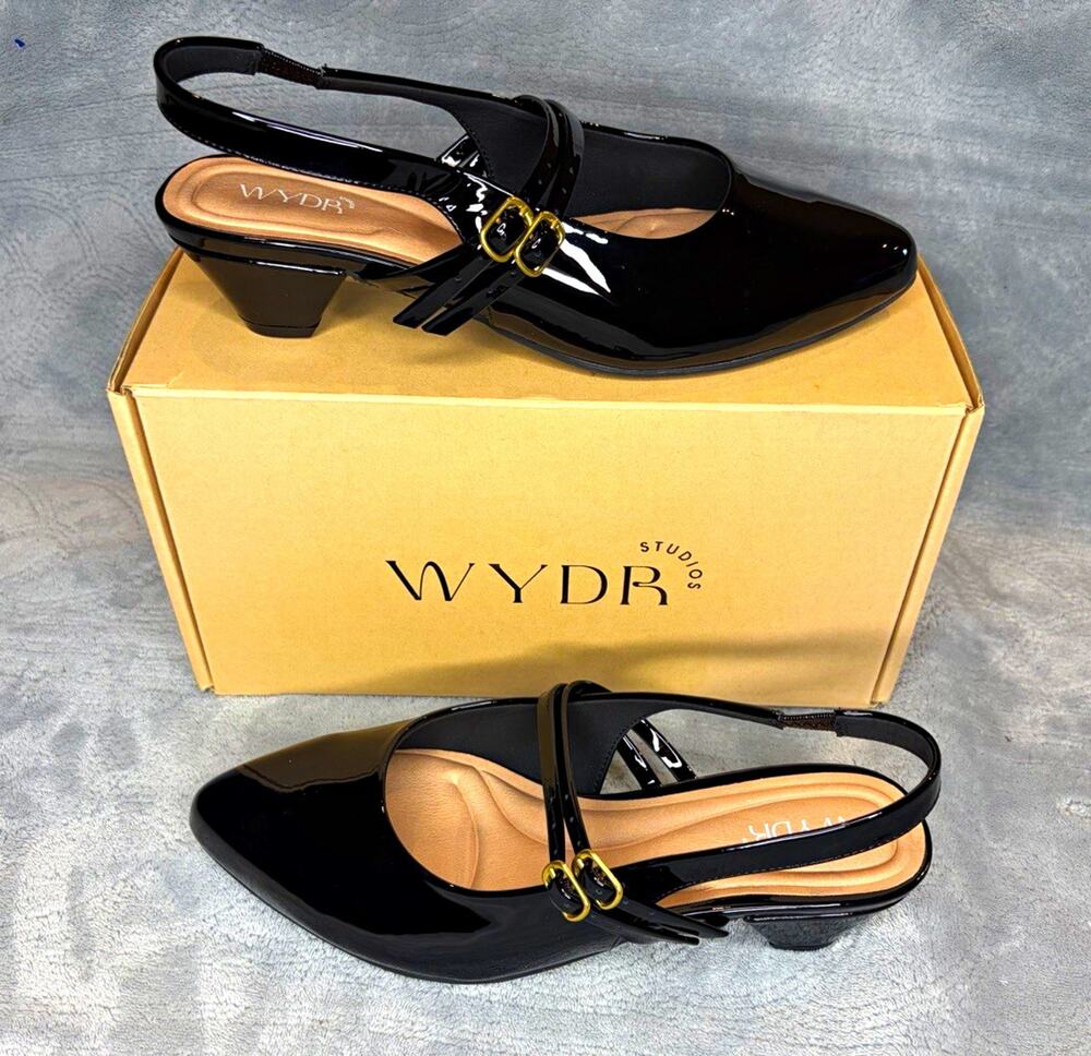 WYDR Studios Aria Double Strap Pointy Toe Mary Jane Slingback Black Patent 9WW